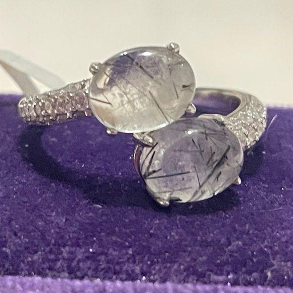 Imported 925 Genuine Natural Black Rutile Cabochon Crossover Ring Sz9 NWT - Picture 2 of 3